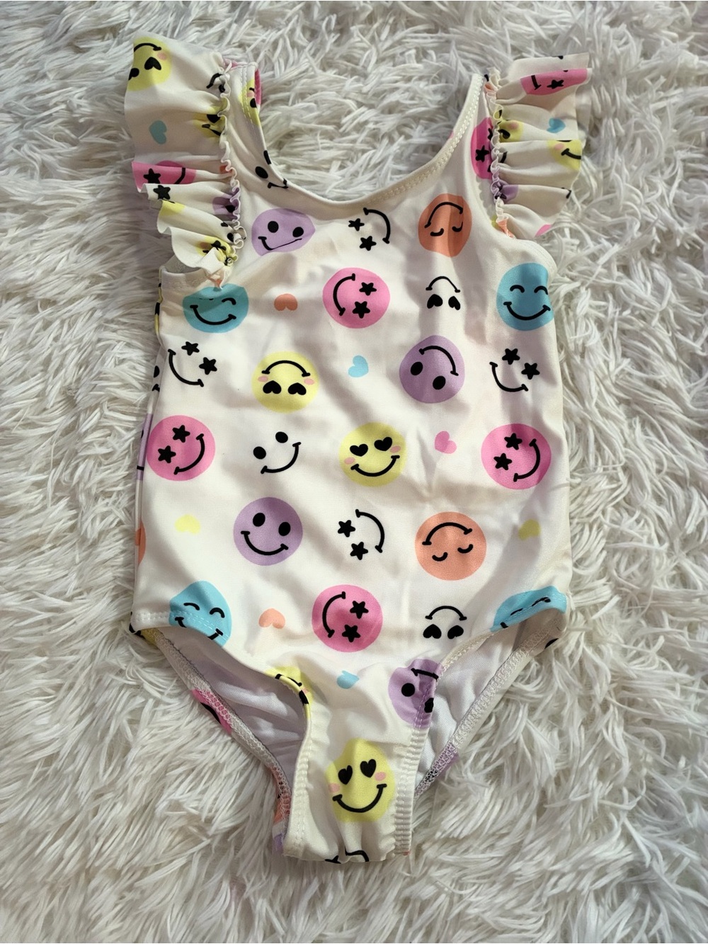 NEW Dreamwave Smiley Happy Face Ruffle Strap One Piece Swimsuit Toddler Girls 3T